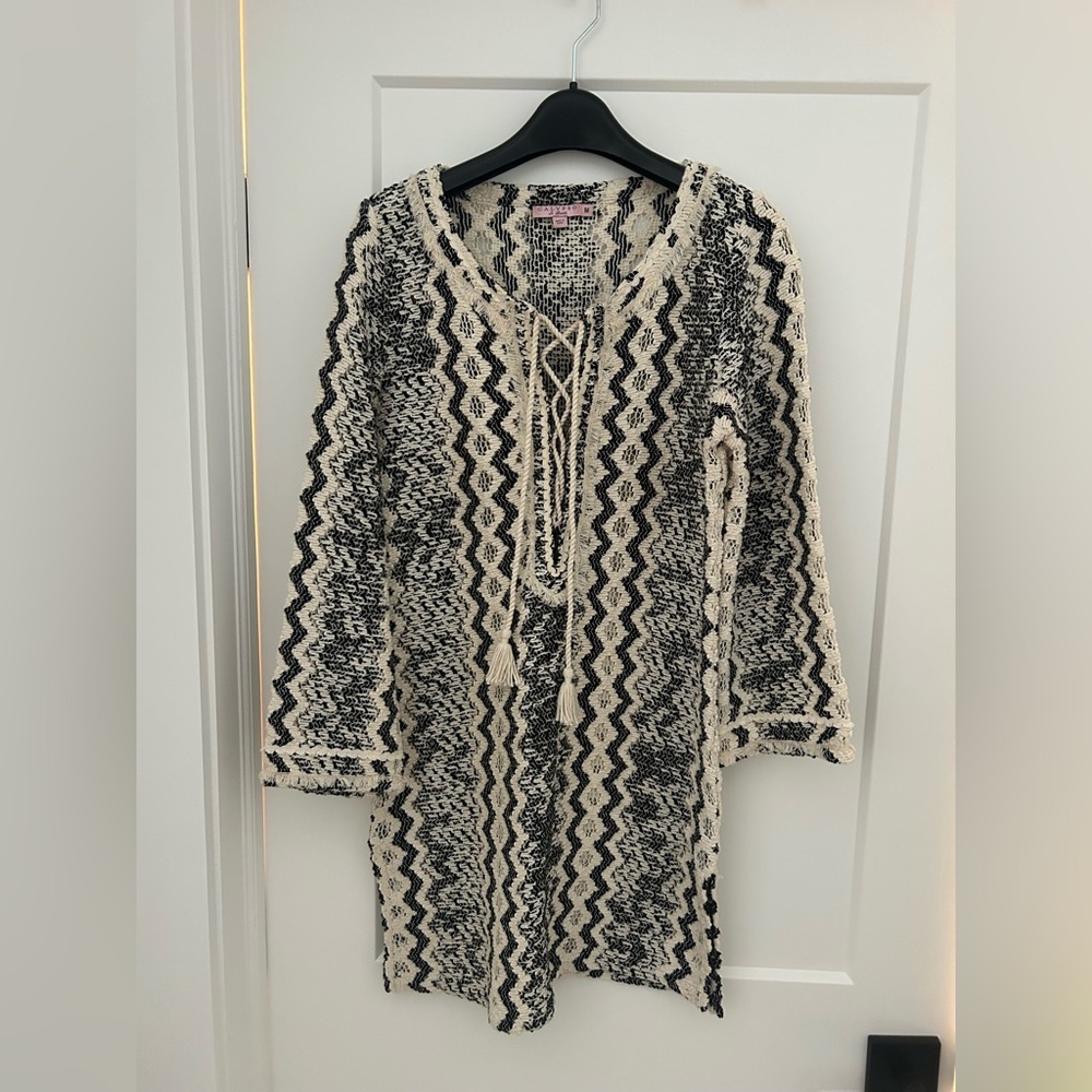 Calypso St. Barth Black and Cream Crochet Tunic Top size Medium